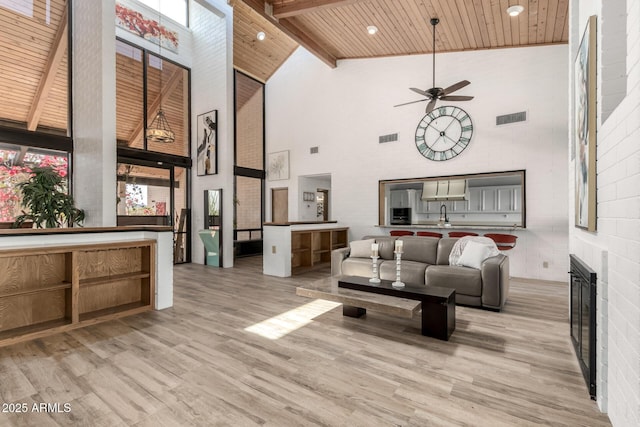 living area with visible vents, high vaulted ceiling, wood finished floors, and wooden ceiling