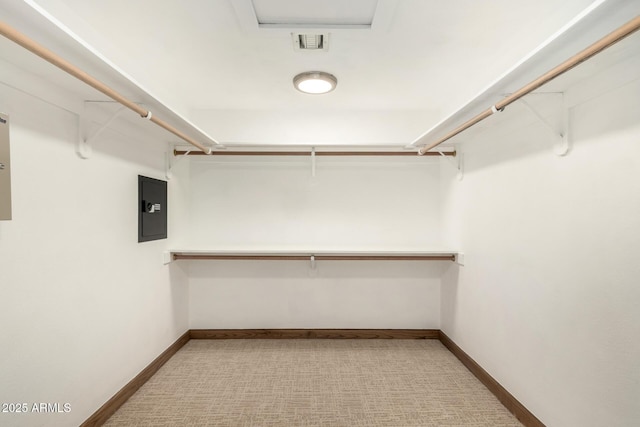 walk in closet featuring visible vents, electric panel, and carpet
