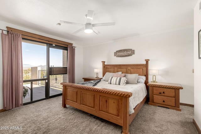 bedroom with baseboards, access to exterior, light carpet, and ornamental molding