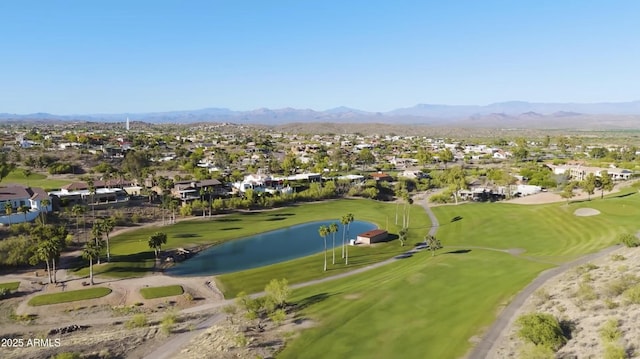 birds eye view of property with a residential view, view of golf course, and a water and mountain view