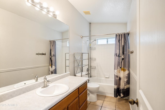 3501 Camino Bella Rosa, Sierra Vista, AZ 85650 - bathroom featuring visible vents, tile patterned floors, vanity, toilet, and shower / bathtub combination with curtain