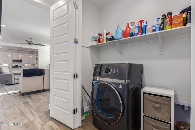 19415 W College Dr, Litchfield Park, AZ 85340 - laundry area with washer / clothes dryer, a ceiling fan, light wood finished floors, and recessed lighting