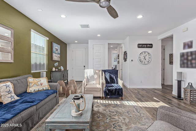 19415 W College Dr, Litchfield Park, AZ 85340 - living room featuring wood finished floors, ceiling fan, recessed lighting, and baseboards