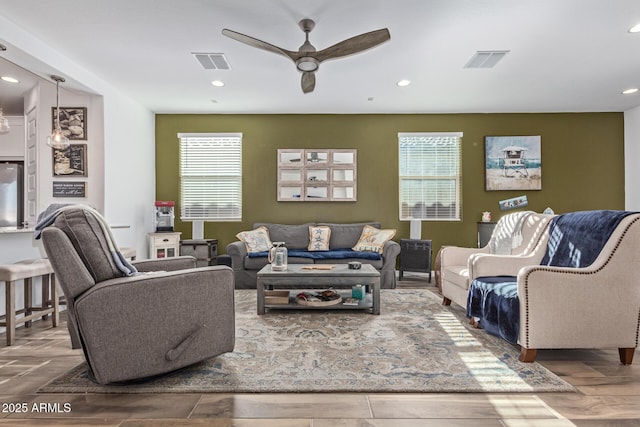 19415 W College Dr, Litchfield Park, AZ 85340 - living room featuring ceiling fan, recessed lighting, and wood finished floors