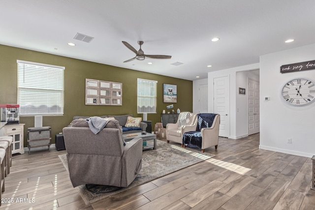 19415 W College Dr, Litchfield Park, AZ 85340 - living room featuring a ceiling fan, light wood-style flooring, recessed lighting, and baseboards