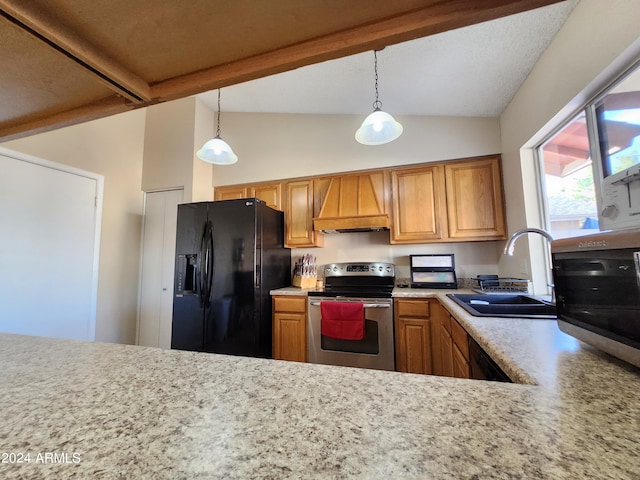 kitchen with black fridge with ice dispenser, stainless steel electric stove, sink, custom exhaust hood, and vaulted ceiling with beams