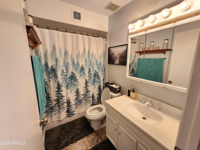 bathroom featuring vanity, tile patterned flooring, toilet, and a shower with shower curtain