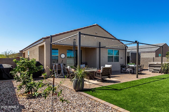 3670 E Sandoval Dr, San Tan Valley, AZ 85140 - rear view of property with fence, a patio, stucco siding, a tile roof, and a lawn
