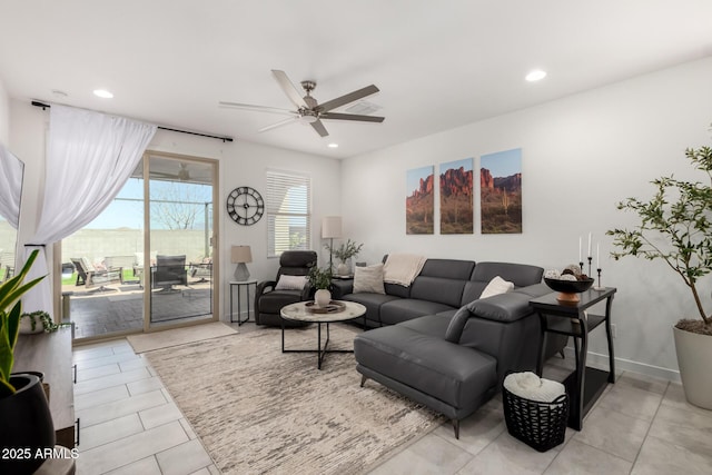 3670 E Sandoval Dr, San Tan Valley, AZ 85140 - living area featuring light tile patterned flooring, visible vents, baseboards, ceiling fan, and recessed lighting