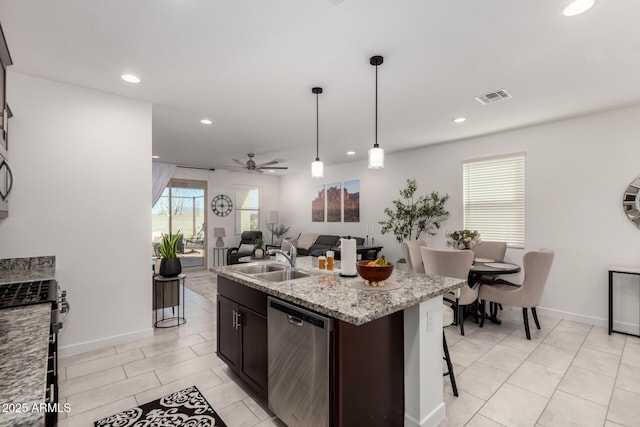 3670 E Sandoval Dr, San Tan Valley, AZ 85140 - kitchen featuring a sink, open floor plan, stainless steel appliances, visible vents, and ceiling fan
