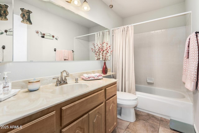 full bathroom featuring vanity, shower / bathtub combination with curtain, and toilet