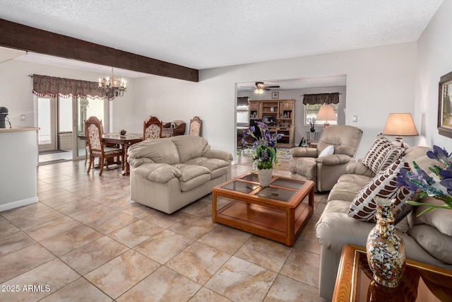 living room featuring beamed ceiling, a chandelier, a textured ceiling, and light tile patterned flooring