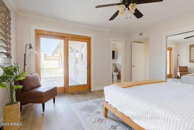 bedroom featuring ensuite bathroom, ceiling fan, and light hardwood / wood-style floors