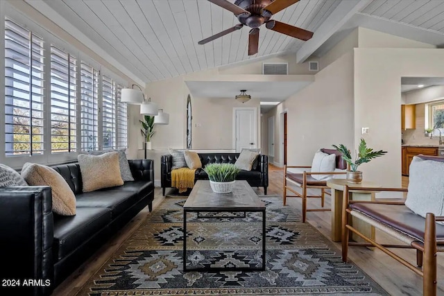 living room with wooden ceiling, ceiling fan, hardwood / wood-style flooring, and lofted ceiling