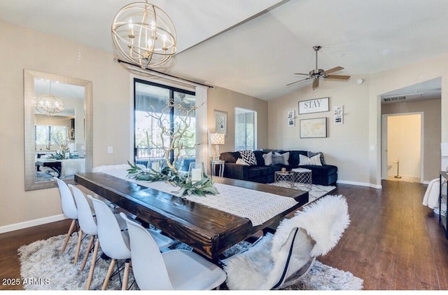 15252 N 100th St Unit 2157, Scottsdale, AZ 85260 - dining space with a chandelier, wood finished floors, a ceiling fan, baseboards, and vaulted ceiling