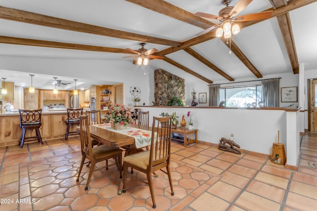 dining area with ceiling fan, light tile patterned floors, and lofted ceiling with beams