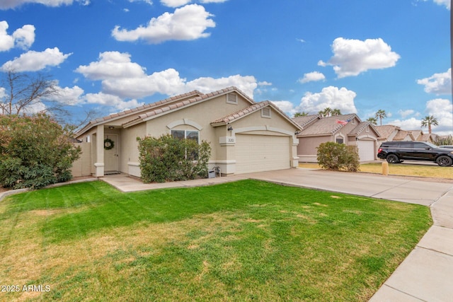 mediterranean / spanish home featuring a tile roof, stucco siding, concrete driveway, an attached garage, and a front lawn