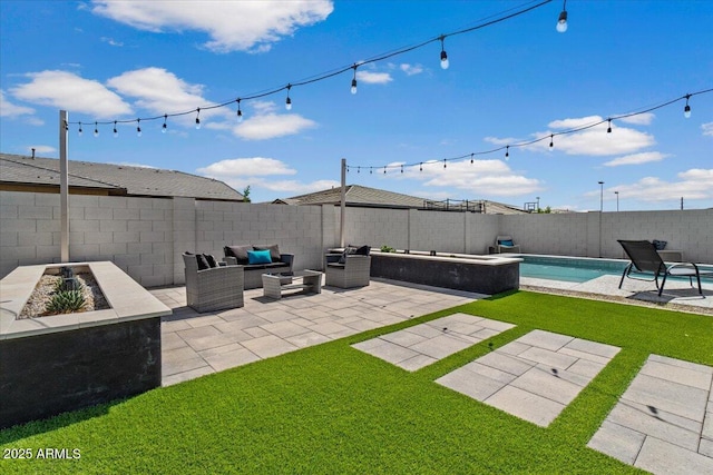 view of yard featuring a patio, a fenced backyard, and a fenced in pool