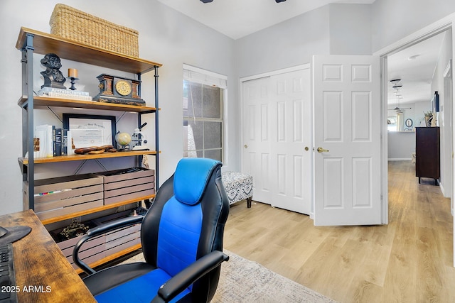 948 E Savannah Dr, Chandler, AZ 85225 - office area with light wood finished floors, ceiling fan, and baseboards