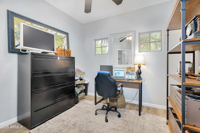 948 E Savannah Dr, Chandler, AZ 85225 - home office featuring ceiling fan, wood finished floors, and baseboards