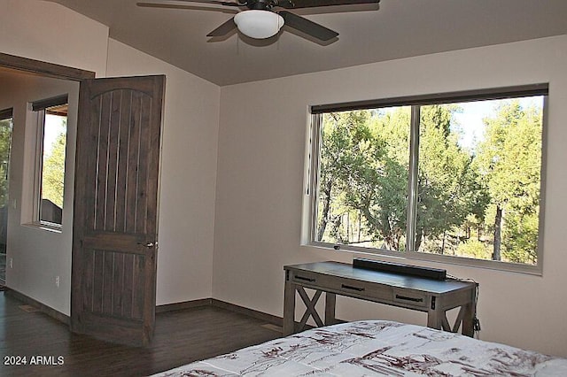 860 W Snow Creek Trl, Show Low, AZ 85901 - bedroom with wood finished floors, baseboards, lofted ceiling, and a ceiling fan