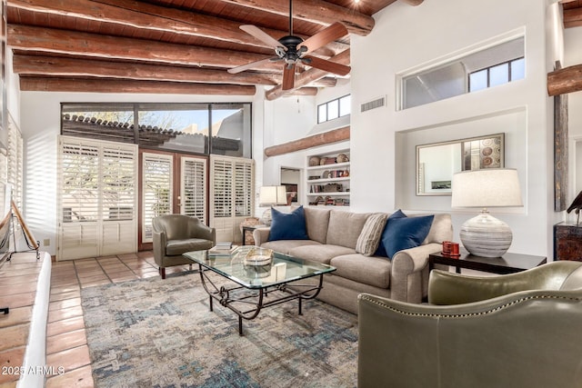 living room with wooden ceiling, built in features, a towering ceiling, ceiling fan, and beam ceiling