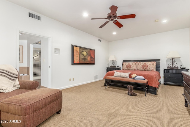 bedroom with light colored carpet and ceiling fan