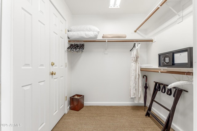 walk in closet with light carpet