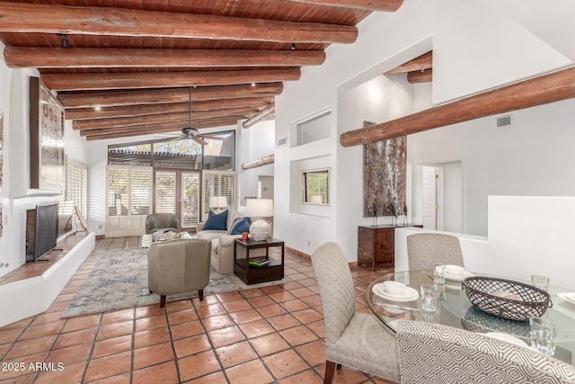 sunroom with ceiling fan, beam ceiling, and wooden ceiling