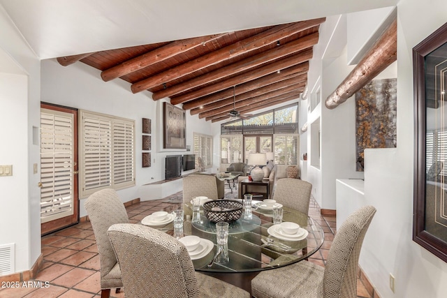 tiled dining space with lofted ceiling with beams and wooden ceiling