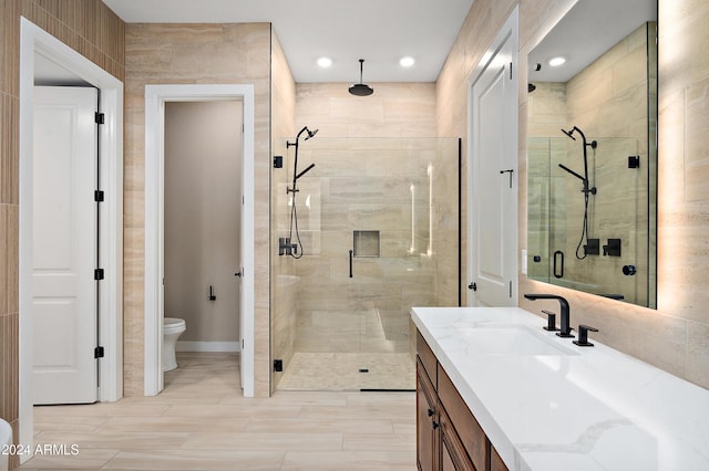 bathroom featuring a shower stall, toilet, and vanity