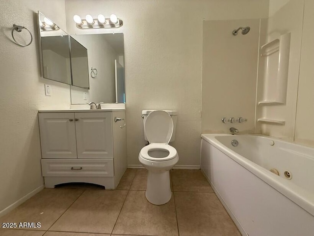 bathroom with baseboards, toilet, shower / bathtub combination, tile patterned floors, and vanity