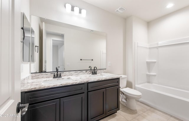 full bathroom with toilet, tile patterned flooring, a sink, and visible vents