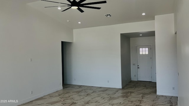 unfurnished room featuring recessed lighting, a ceiling fan, visible vents, marble finish floor, and baseboards