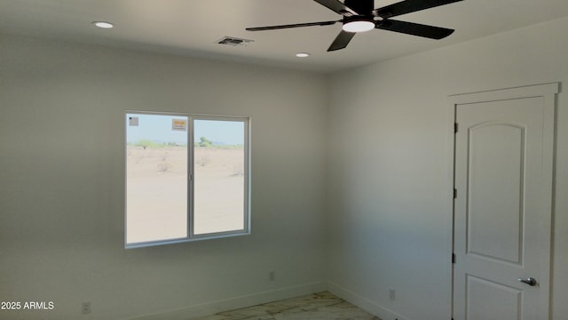 unfurnished room featuring recessed lighting, ceiling fan, marble finish floor, visible vents, and baseboards
