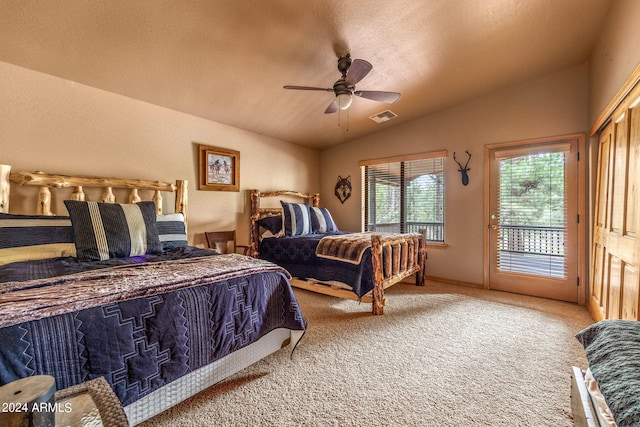 carpeted bedroom featuring access to outside, ceiling fan, and lofted ceiling