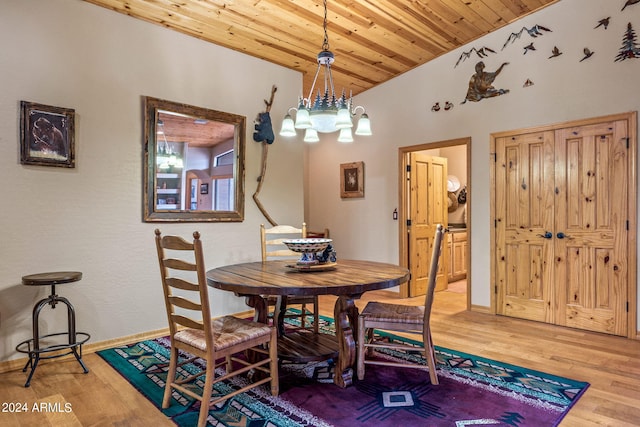 dining space with hardwood / wood-style floors, a notable chandelier, wooden ceiling, and vaulted ceiling