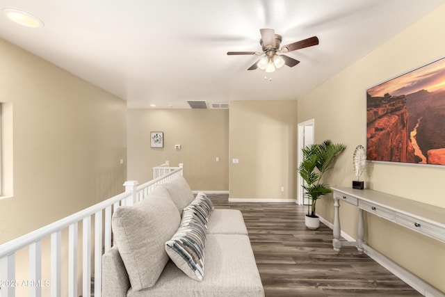 living area with a ceiling fan, dark wood-style flooring, baseboards, and recessed lighting