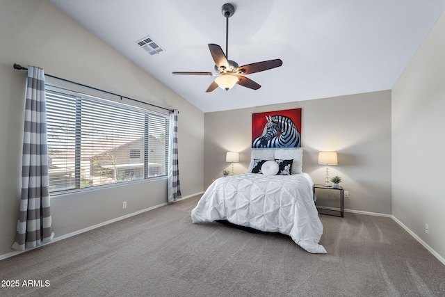 carpeted bedroom featuring vaulted ceiling, ceiling fan, visible vents, and baseboards