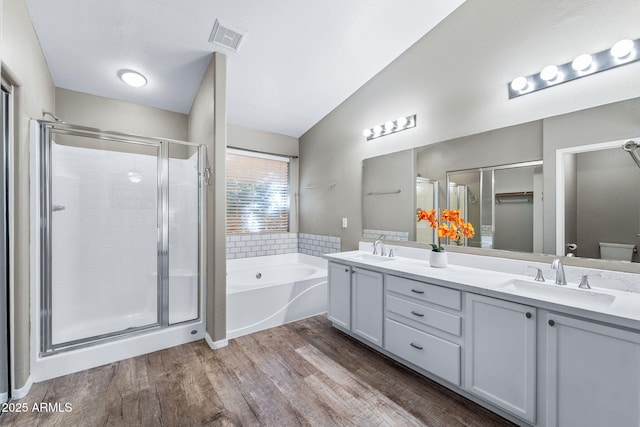 bathroom with a shower stall, visible vents, a sink, and wood finished floors