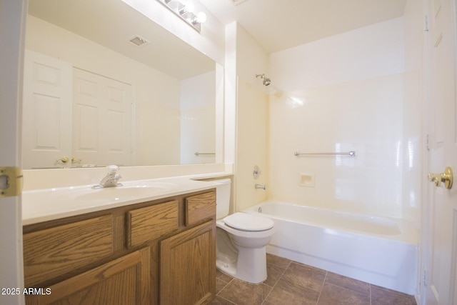 full bathroom with bathing tub / shower combination, vanity, and toilet