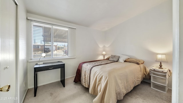 bedroom with light carpet and a closet