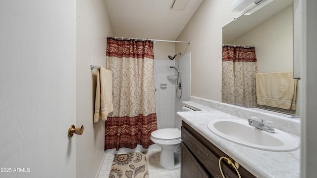 bathroom featuring vanity, curtained shower, and toilet