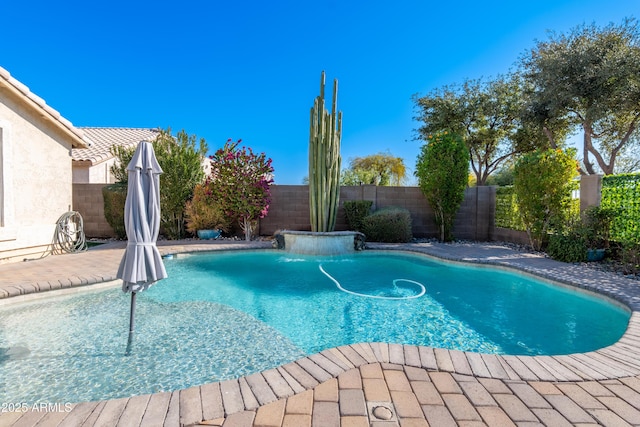 view of pool with a patio and pool water feature