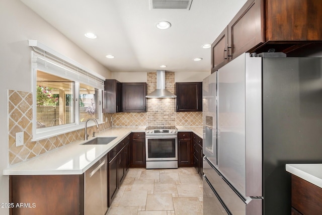 2256 S Las Flores, Mesa, AZ 85202 - kitchen featuring appliances with stainless steel finishes, wall chimney exhaust hood, a sink, tasteful backsplash, and dark brown cabinets