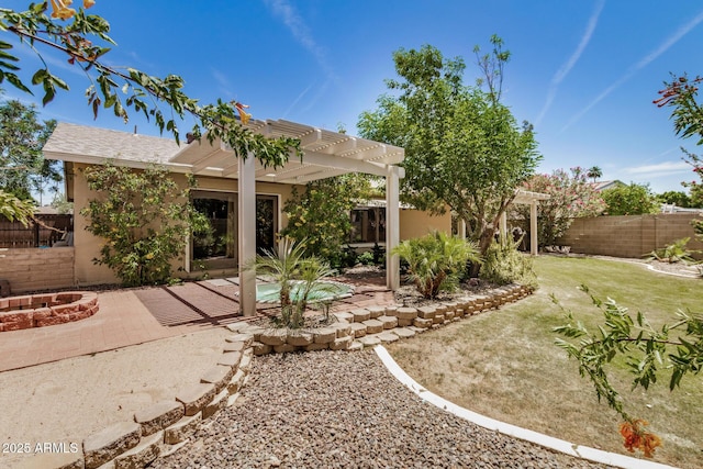 2256 S Las Flores, Mesa, AZ 85202 - rear view of property featuring a pergola, a patio area, stucco siding, and a fire pit