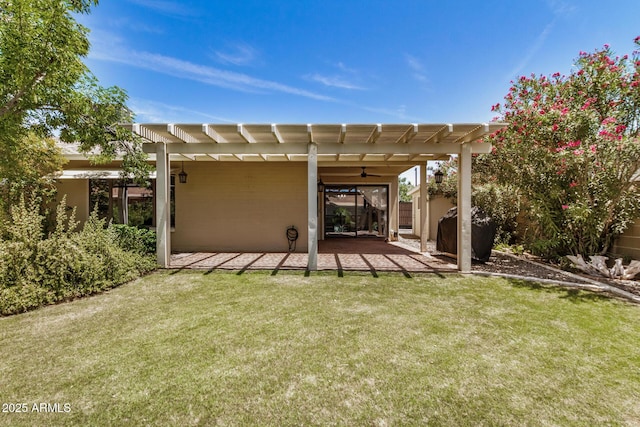 2256 S Las Flores, Mesa, AZ 85202 - back of house featuring a pergola, a lawn, a patio area, and a ceiling fan