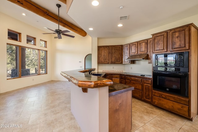 kitchen featuring sink, kitchen peninsula, beamed ceiling, ceiling fan, and black appliances