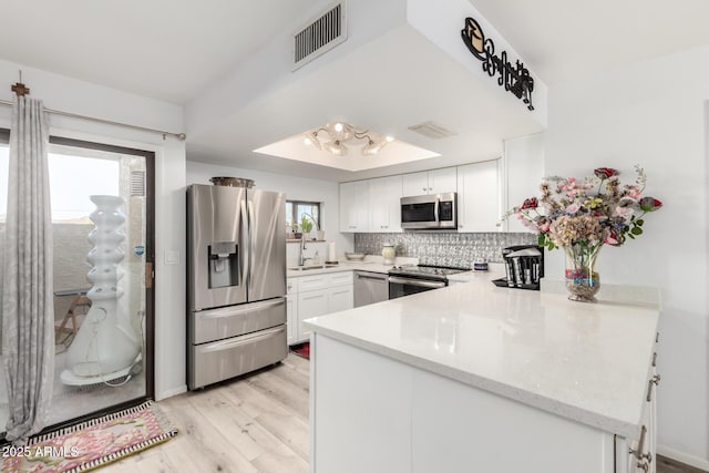 1401 E Puget Ave Unit 4, Phoenix, AZ 85020 - kitchen with appliances with stainless steel finishes, light wood-type flooring, a peninsula, backsplash, and white cabinetry