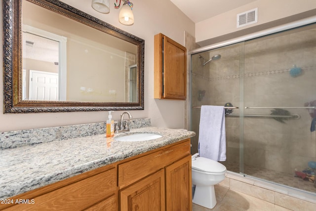 full bathroom with visible vents, a shower stall, toilet, and vanity